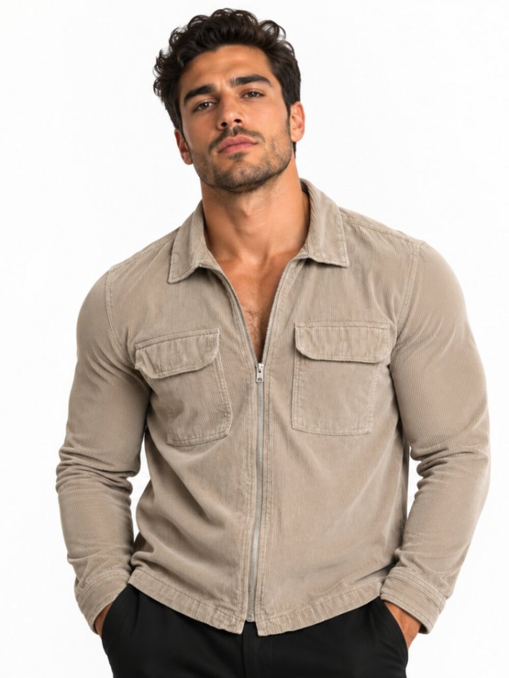 Beige Corduroy Jacket Close-Up Details Laid Flat| H&M| Size M| For Men